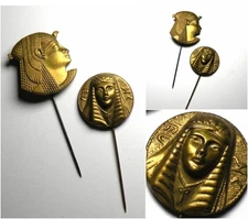 LOT OF 2 GOLD TONE BRASS EGYPTIAN REVIVAL ART DECO PHARAOH LAPEL STICK PIN 1920S