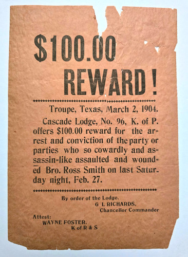 Antique Texas Wanted $100.00 REWARD! Poster / Troupe, TX, March 2, 1904