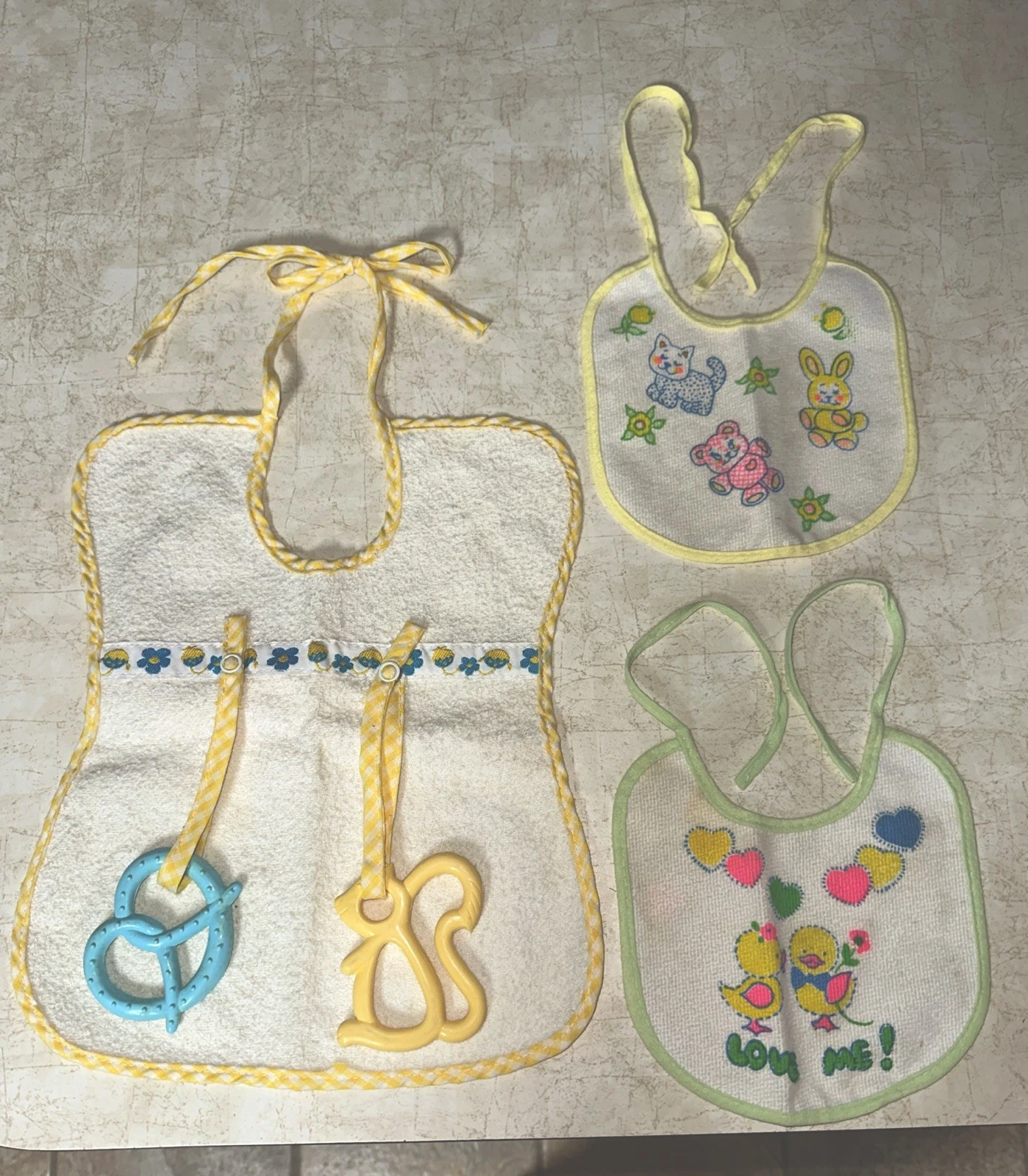 Vintage Baby Bibs Attached Removable Teethers Cloth & Rubber backed So Cute!!