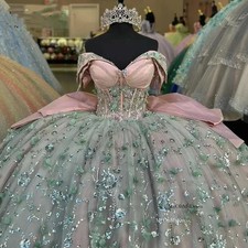 Gorgeous Off Shoulder Bow D Quinceanera Dress Sheer Sequin Lace Bead Ball Gown