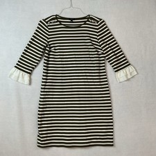 Talbots Dress Womens Petite M Olive Green Stripe Sheath Knit Ruffles 3/4 Sleeves