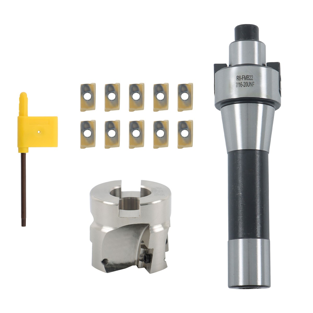 R8 Face Mill R8 FMB22 7/16-20UNF Shank Face End Mill Arbor And 400R 50MM CNC End Milling Shell Cutter With 10Pcs APMT1604 Carbide Inserts And T15 Wrench Indexable End Mill