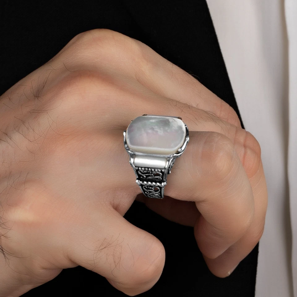 Anillo de plata de ley 925 con piedras preciosas de perlas para hombre talla 7-15 EE. UU. Foto 2 de 4