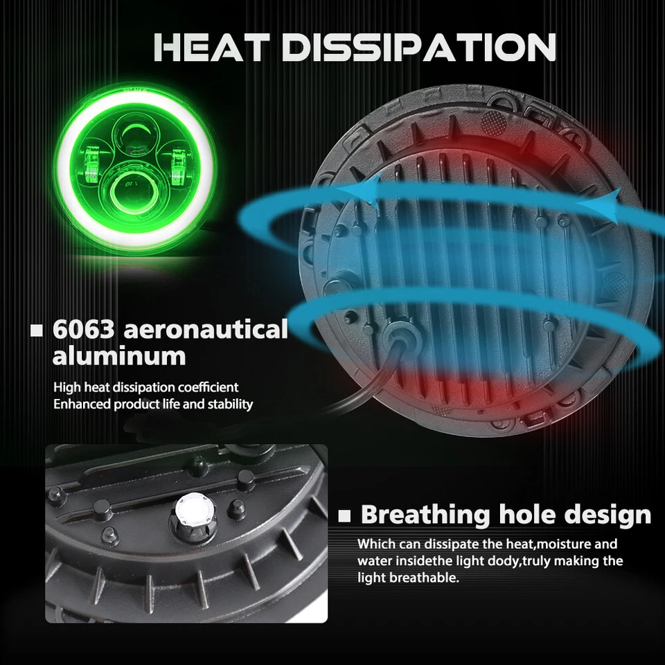 Black DOT 7" Round Led Headlight Green Halo fit Chevy Truck C10 C20 C30 K10 LUV - Image 4 of 4