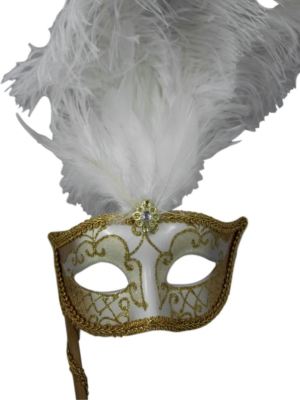 White with Gold Stick Masquerade Mardi Gras Feather Mask