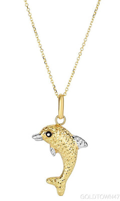 14kt gelb + weiß Delfin Anhänger an Kette Wende Rückseite ist glänzend 
