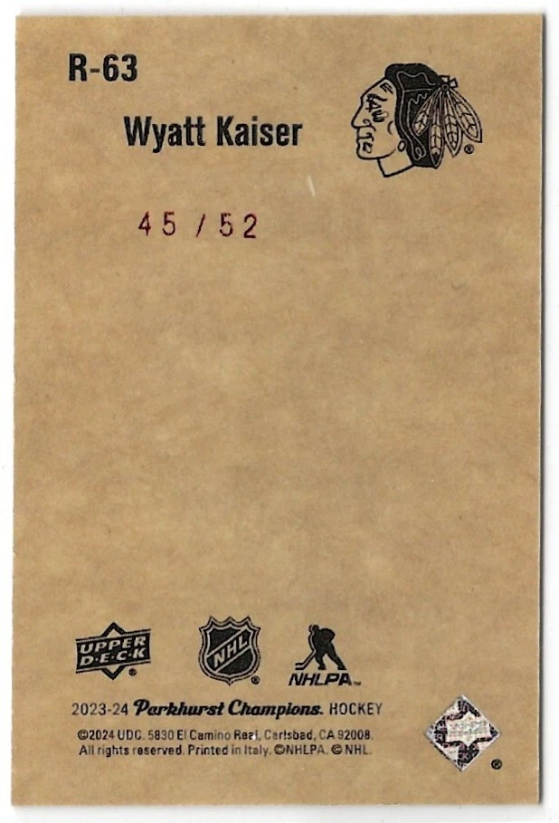 2023-24 Parkhurst Champions 52 Retros Gold Rainbow Rookie R63 Wyatt Kaiser 45/52 - Image 2 of 2