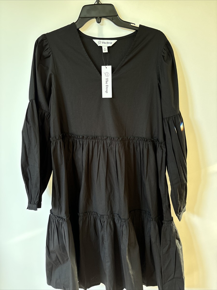 The Drop Women's Black Long Sleeve V-Neck Tiered Midi Dress Size XS