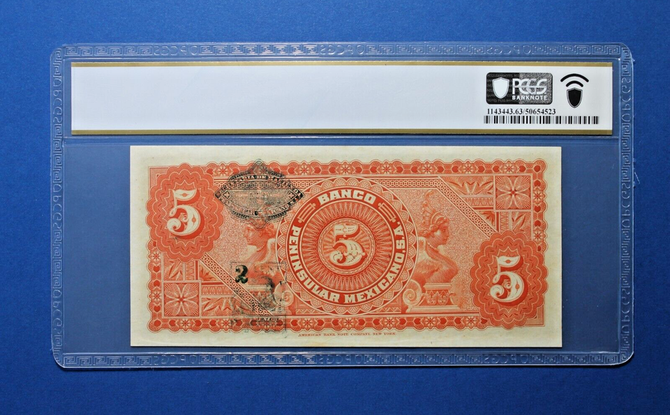 1914-banco-peninsular-mexicano-5-peso-note-beautiful-pcgs-63-choice-unc