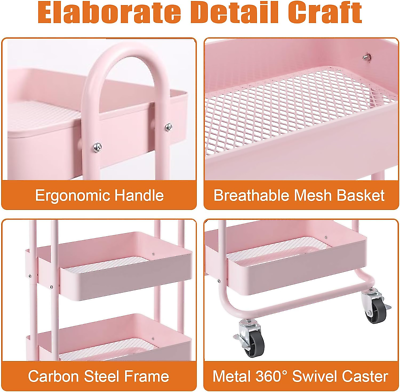 JIUYOTREE 4-Tier Plastic Rolling Opbergkar Utility Cart met Extra Hangende Bekers Handgrepen Afsluitbare Wielen voor Woonkamer Badkamer Keuken Kantoor Roze