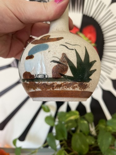 Vintage mexikanische Keramik Vase signiert 6" Volkskunst schlafender Mann unter Kaktus glasiert - Bild 5 von 8