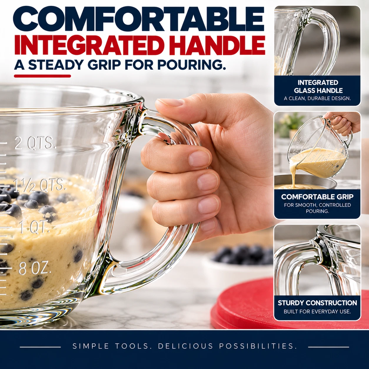 Anchor Hocking Batter Bowl Integrated Glass Handle and Pouring Spout