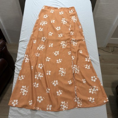 Anna Grace Medium Boho High Side Split Skirt Apricot Floral Print Cottagecore