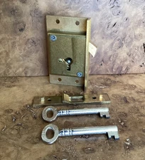 Vintage Brass Cabinet Half Mortise Hook Lock 64mm X 38mm X 13mm + 2 Keys.