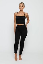Womens Black Crop Top Leggings Set Bubble Textured High Waist 2 Piece Activewear