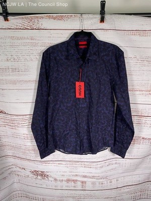 HUGO BOSS Ermo Casual Cotton Shirt Abstract Pattern Kent Collar Slim Fit -Size S