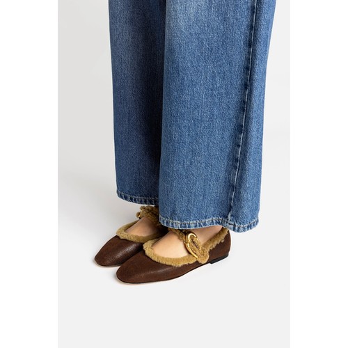 Larroude Verona Ballet Flats Brown Shearling Mary Jane Buckle Square Toe 8