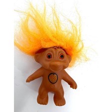 Vintage Lucky Troll Doll Yellow Hair Gold Eyes Orange Print on Belly