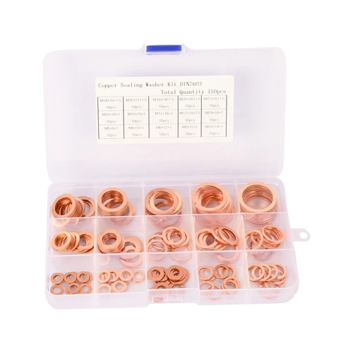 150PCS M5-M22 Copper Crush Washer Gasket Set Flat Ring Seal Assortment Kit USA
