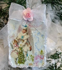 Shabby Chic Victorian Child Pink Roses Bow Glitter Decoupage Christmas Ornament 