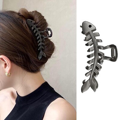 Hair Claw Clips Fishbone Metal, Black Non-Slip Fish Shaped Hair Claw Clips fo...