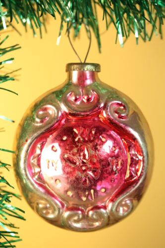 Vintage 1960 USSR ☭ Soviet Russia Mercury Glass Christmas Ornament Clock O110 - Picture 1 of 4