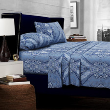 Soft Cotton Sateen Queen Bed Sheet Set, Floral Print, Extra Deep Pockets, 4-Piec