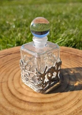Vintage Square Clear Glass Perfume Scent Bottle. Metal Floral Dragonfly Overlay.