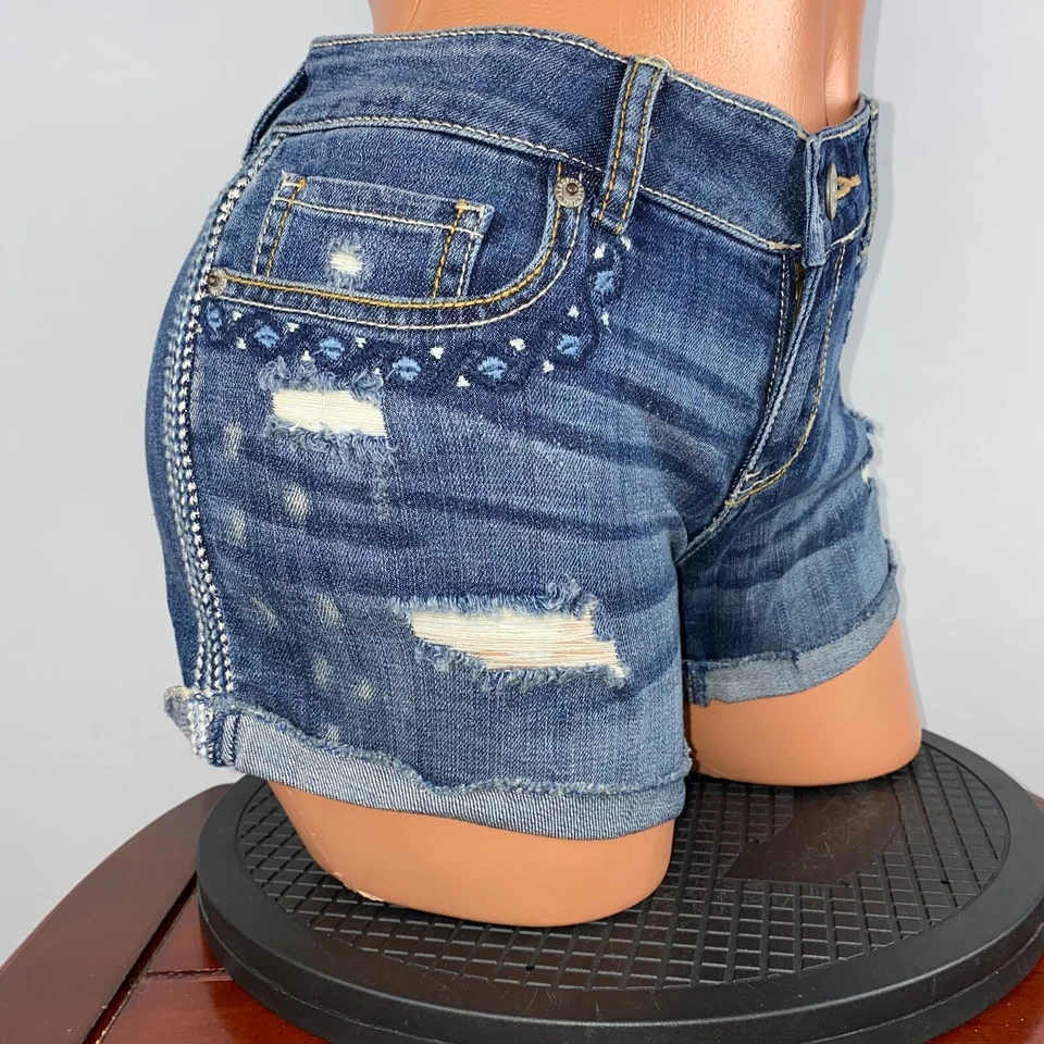 Aeropostale Womens 6 Distressed Embroider Bleach Spots Jean Cuffed Midi Short NM - Image 2 of 4