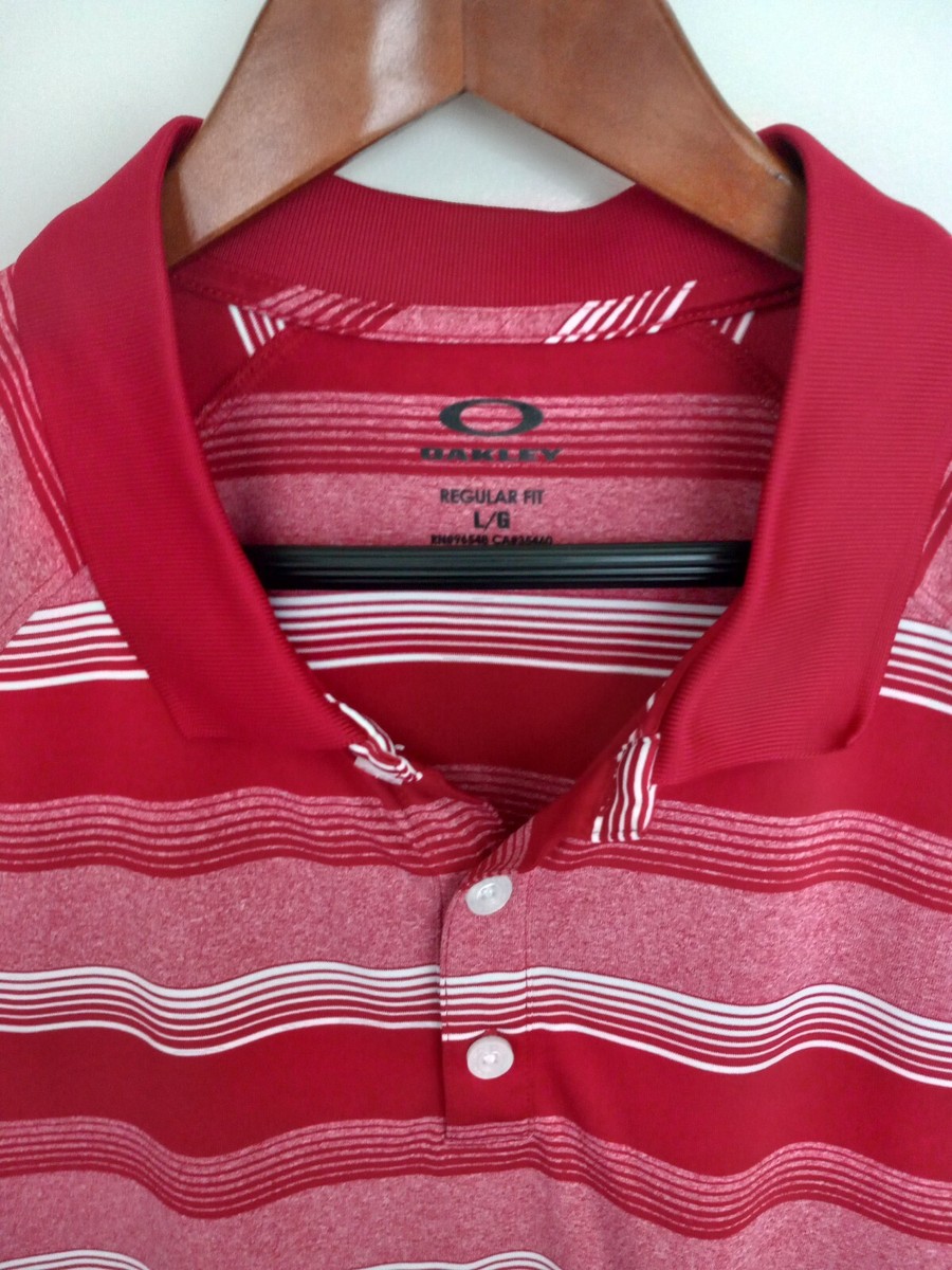 Oakley Men's Large Golf polo shirt polyester Red/White Striped EUC