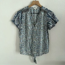 Lucky Brand Mixed Print Tie Front Button Blue Floral Top XS