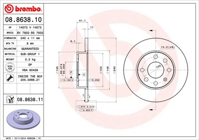 BREMBO 08.8638.11 Brake Disc for OPEL,VAUXHALL
