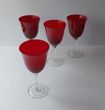 VINTAGE Ruby Red Clear Stem Wine Glasses Water Goblets Set of 4 Collectible