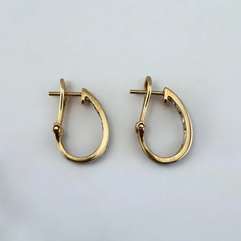 Vintage 14K Yellow Gold Diamond J Hoop Earrings w/ Omega Backs 0.28ctw - Image 4 of 4