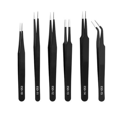 Precision Tweezers Set - 6PCS Anti Static ESD Industrial Kit Black