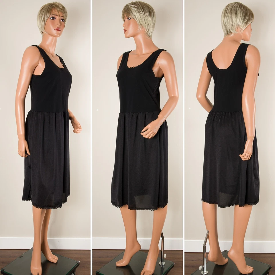 💖 Vintage Women's Full Slip Dress Black Cotton Bodice Nylon Skirt Lace Trim 44 - Image 2 of 4
