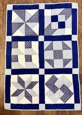 Vintage Handmade Unique Block Quilt Pinwheel Ohio Star White and Indigo Throw