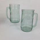 VTG Coca Cola Coke Mug Green Embossed Heavy Glass Stein w/ Handle Set of 2  5.5"
