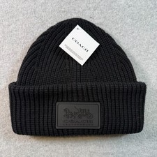 Coach Black Wool Knit Beanie Hat Womens Logo Patch Classic Solid One Size NWT