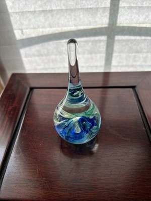 Selkirk Glass Paperweight Teardrop Shaped Aqua Blue Green Swirls Scotland EUC