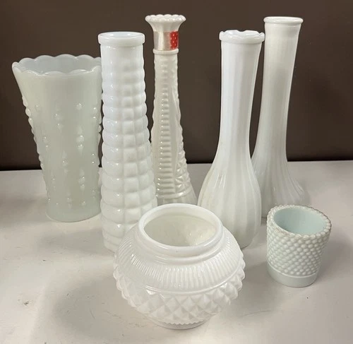 Vintage Milk Glass Lot Of 7 Vases Assorted Sizes