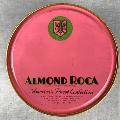 Vintage Almond Roca Candy Tin 1940s Brown and Haley Tacoma WA Empty 2x6 inch