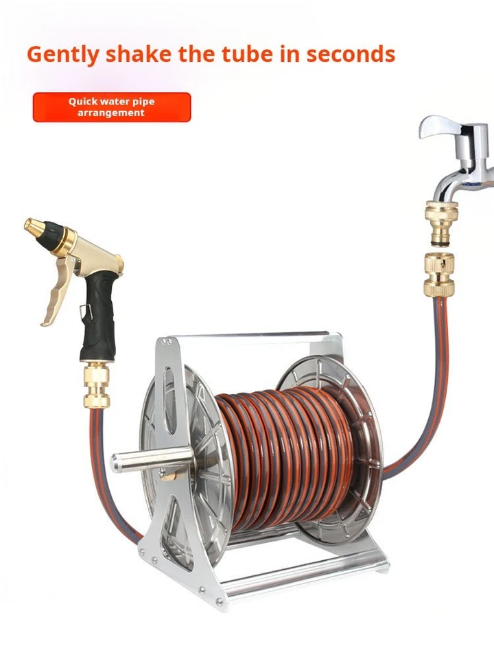 Carretel para mangueira de jardim rack alumínio + aço cesta de água resistente prata externa EUA - Imagem 3 de 4