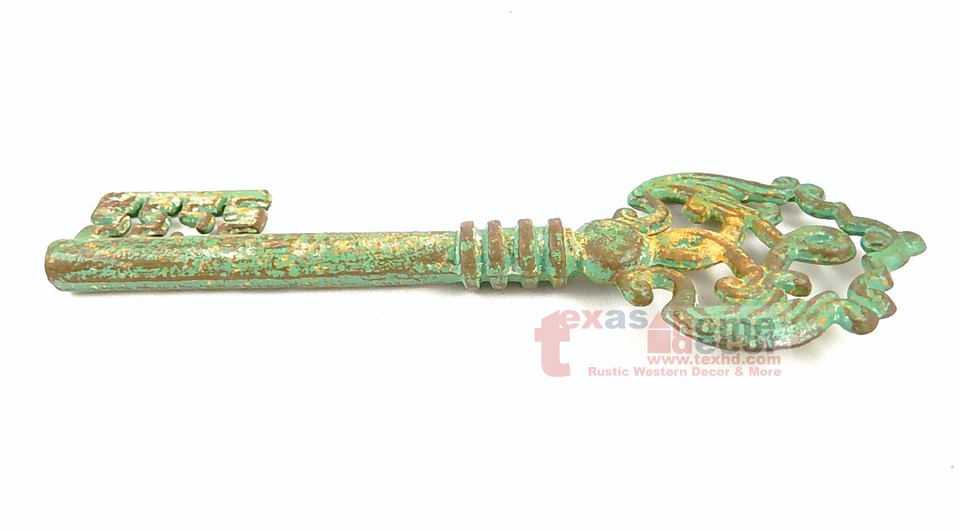 15" Extra Large Decorative Skeleton Key Cast Iron Distressed Turquoise