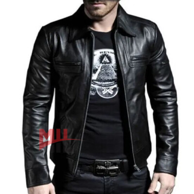 New Men's Black Color Genuine Leather Jacket, Fashion Collar Jacket Custom