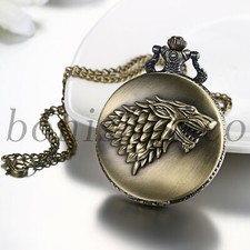Men's Vintage Bronze Wolf Head Roman Numerals Quartz Pocket Watch Sweater Chain