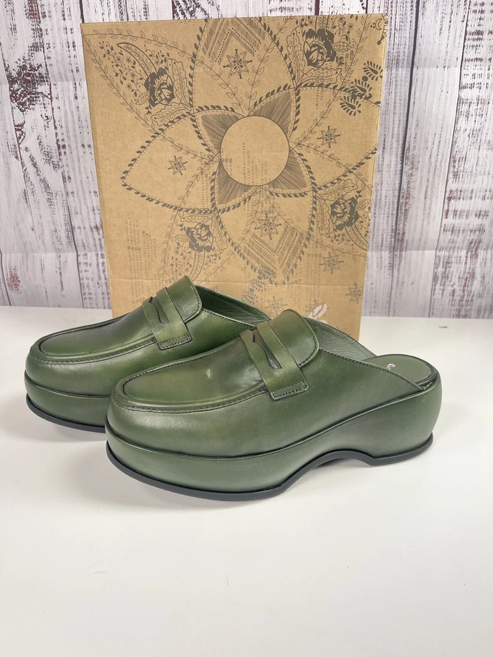 NWB Free People Winston  green Leather Platform Loafers Mules size 37