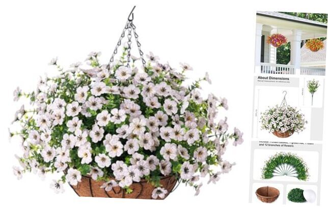 Artificial Fake Hanging Plants Flowers Basket for Outdoor Fall Winter White