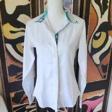 Royal Highness Equestrian 36 Button Down Blouse White With Blue Leopard Trim