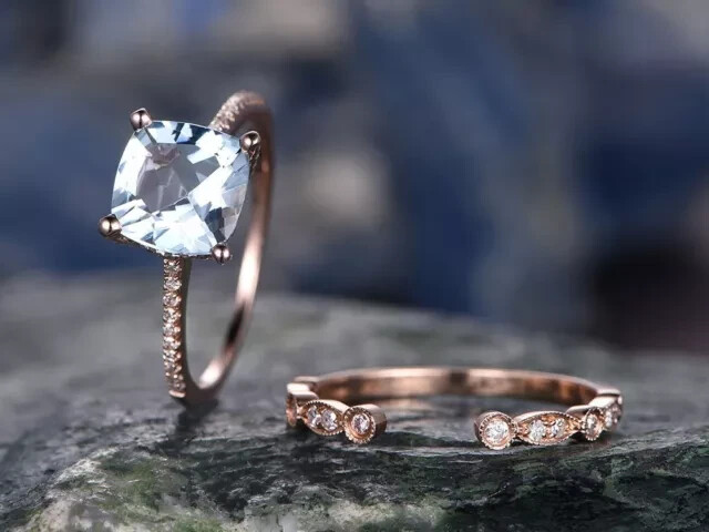 Bridal Engagement Ring Set 3Ct Cushion Simulated Aquamarine 14K Rose Gold Finish-image